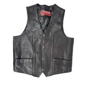 Biker Essentials Black Leather Vest Dully Lined Snaps Pockets Mens Sz 46
